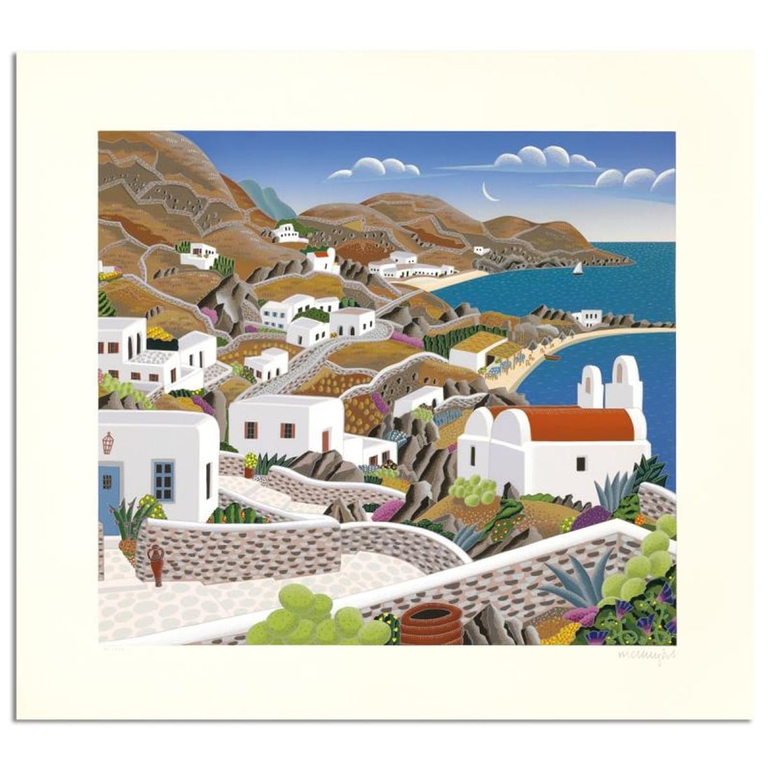 Thomas Mcknight, "Mykonos Platys Gialos" Limited Edition Serigraph, Numbered and Hand Signed with: Mykonos Platys Gialos is a limited edition serigraph on paper by Thomas Mcknight, numbered and hand signed by the artist. Includes Letter of Authenticity. Measures approx. 21" x 23" (border), 16" x 18
