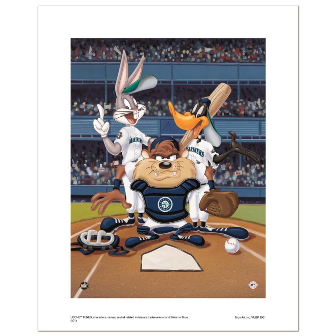 At the Plate (Mariners) Numbered Limited Edition Giclee from Warner Bros. with Certificate of: At the Plate (Mariners) is a limited edition giclee on paper from Warner Bros. featuring iconic Looney Tunes characters in Seattle Mariners MLB uniforms. It comes numbered, with hologram seal, and a C