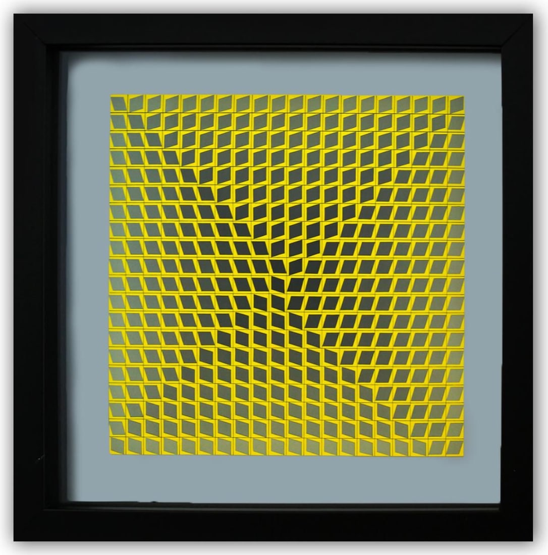 Victor Vasarely- Heliogravure Print "Untitled": Artist: Victor Vasarely. Medium: Heliogravure Print. Title: Untitled. Size: 11" x 11". Measures approx. 12" x 12" (framed). Certificate of Authenticity: Is Included. Additional: Custom Framed. Referen
