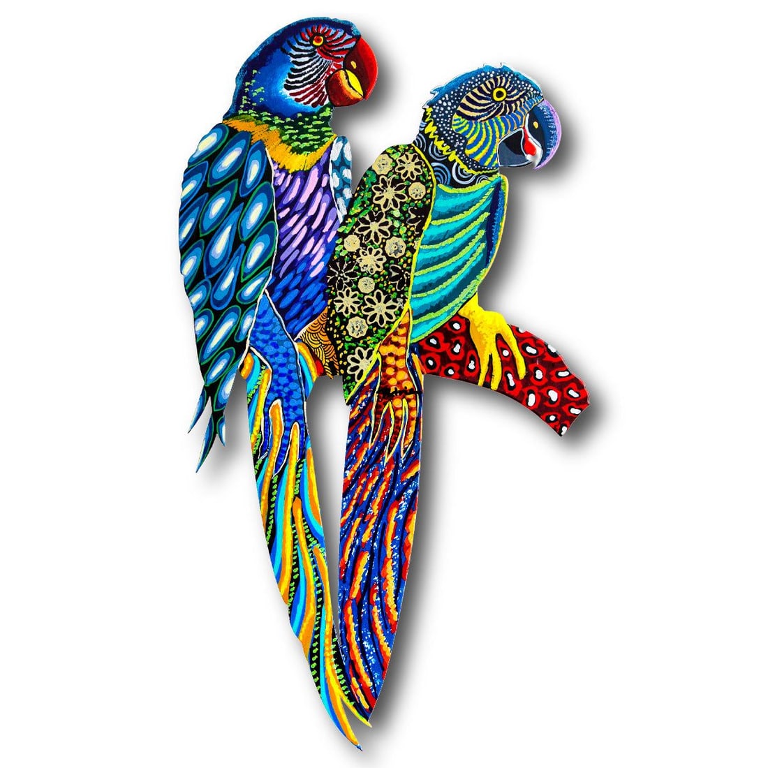 Patricia Govezensky- Original Painting on Laser Cut Steel "Two Parrots": Artist: Patricia Govezensky. Medium: Original Painting on Laser Cut Steel. Title: Two Parrots. Size: 18" x 10". Signature: Hand Signed by the artist. Certificate of Authenticity: From the publisher.