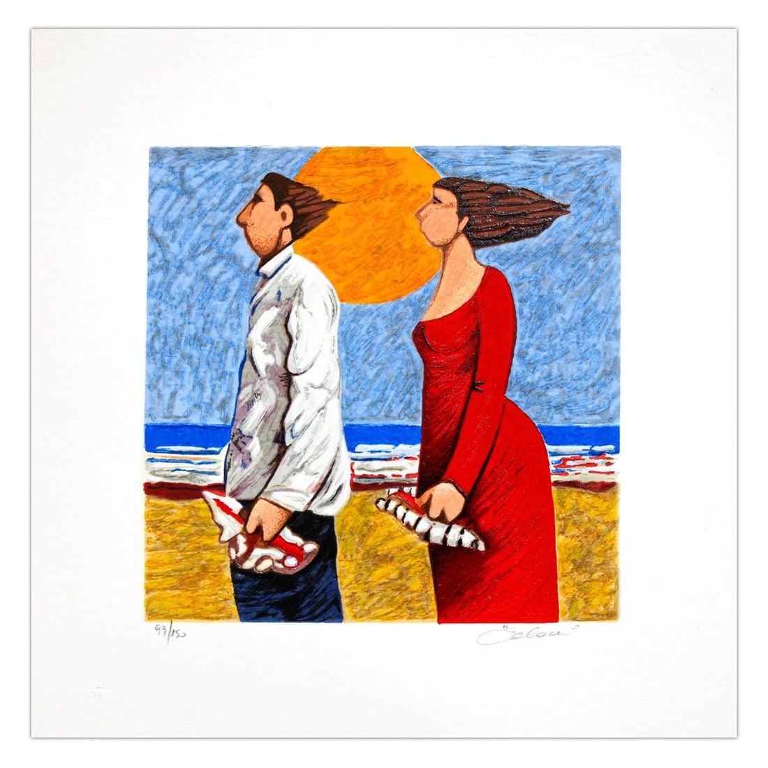 Giampaolo Talani- SIlkscreen on Paper "CercatorI di Conchiglie": Artist: Giampaolo Talani. Medium: SIlkscreen on Paper. Title: CercatorI di Conchiglie. Size: 8" x 8". Signature: Hand Signed and numbered. Certificate of Authenticity: Is included. Additional: