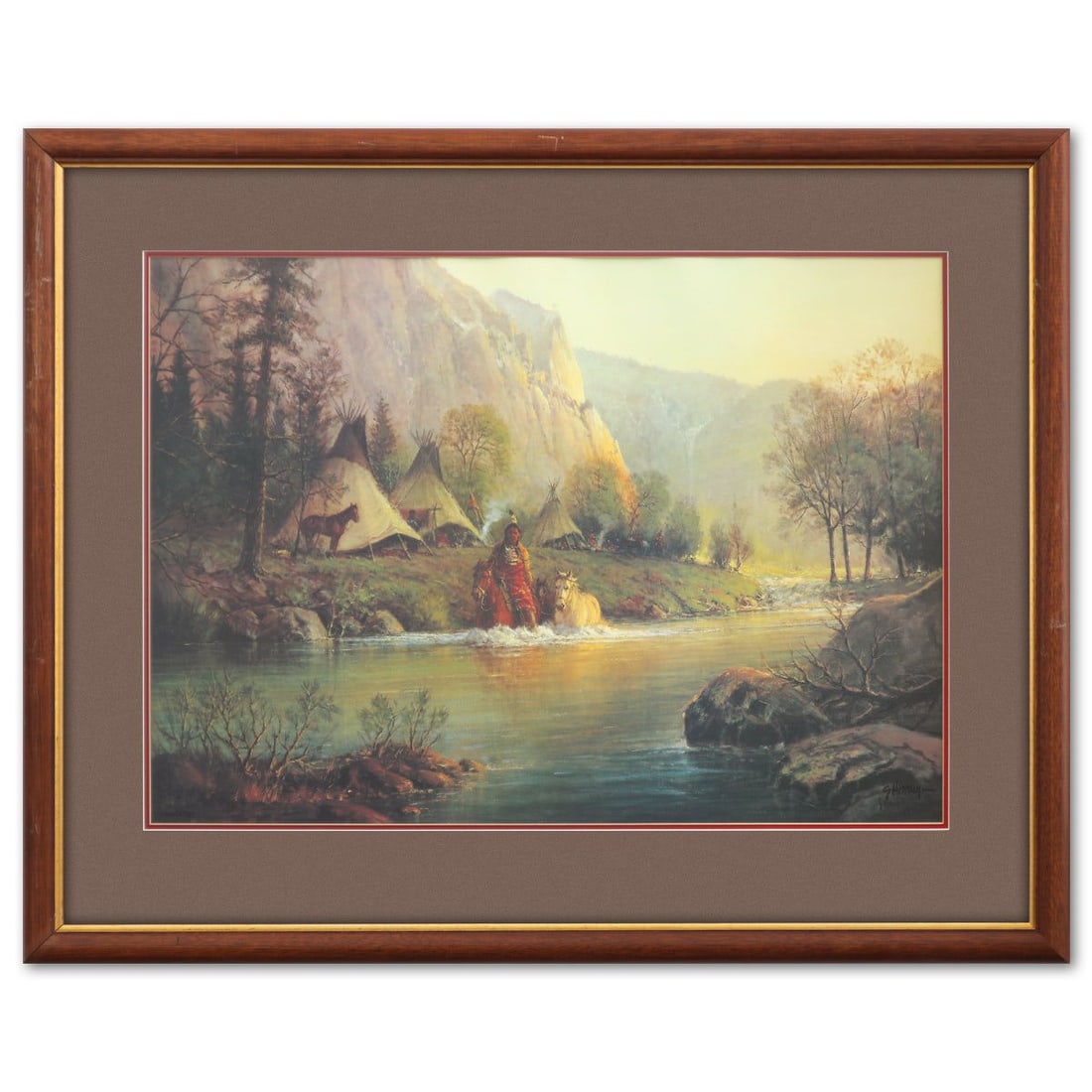 Guy Harvey- Offset Lithograph "Indian on the River With a Horse": Artist: Guy Harvey. Medium: Offset Lithograph. Title: Indian on the River With a Horse. Size: 20" x 28". Measures approx. 29" x 36" (framed). Signature: Signed and numbered. Additional: Disclaimer: Th