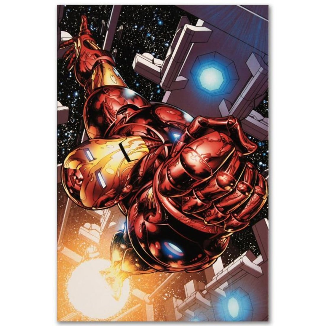 Marvel Comics "The Invincible Iron Man #1" Numbered Limited Edition Giclee on Canvas by Joe Quesada: A piece of comic book history, this limited edition, from original art by Joe Quesada, depicts the heroic Iron Man. Joe Quesada gained renown in the comic book by drawing several Valiant Comics titles