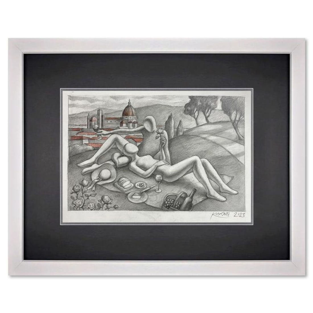 Mark Kostabi, "Florentine Fable" Framed Original Mixed Media Drawing on Paper, Hand Signed with: Florentine Fable is an original mixed media drawing on paper by Mark Kostabi, hand signed by the artist. This piece comes custom framed. Includes Certificate of Authenticity. Measures approx. 16" x 20