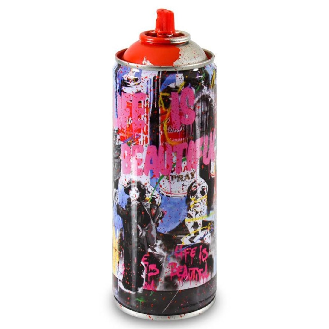 Mr. Brainwash, "Just Kidding (Red)" Limited Edition Hand Painted Spray Can with Plate Signature.: Just Kidding (Red) is a numbered limited edition hand painted spray can by Mr Brainwash. This piece bears the plate signature of the artist and comes from his 2020 Classic Spray Can Collection. Measur
