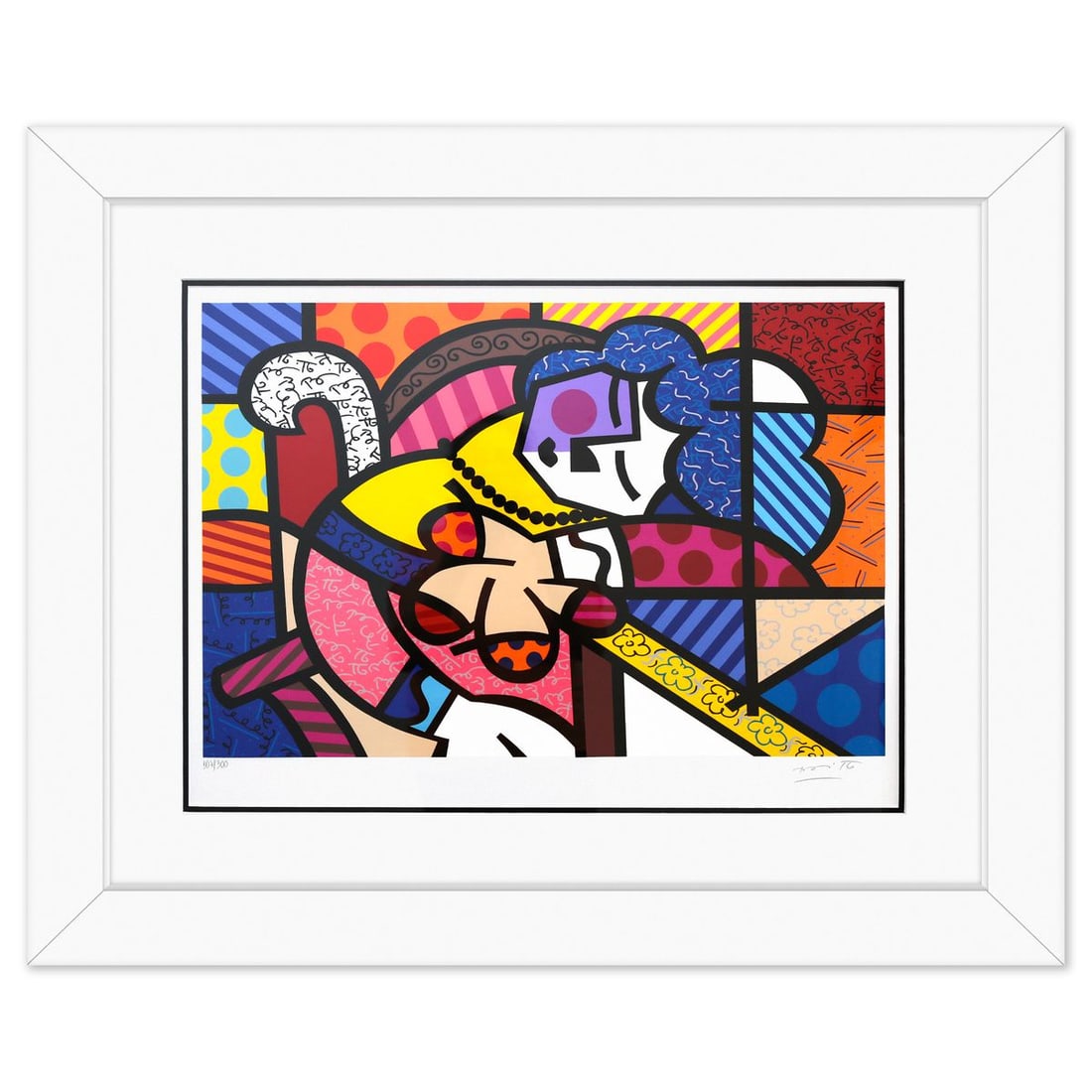 Romero Britto- Serigraph "Penelope of Modern Day": Artist: Romero Britto. Medium: Serigraph. Title: Penelope of Modern Day. Size: 18" x 25". Measures approx. 29" x 36" (framed). Signature: Hand signed and numbered. Certificate of Authenticity: Is incl