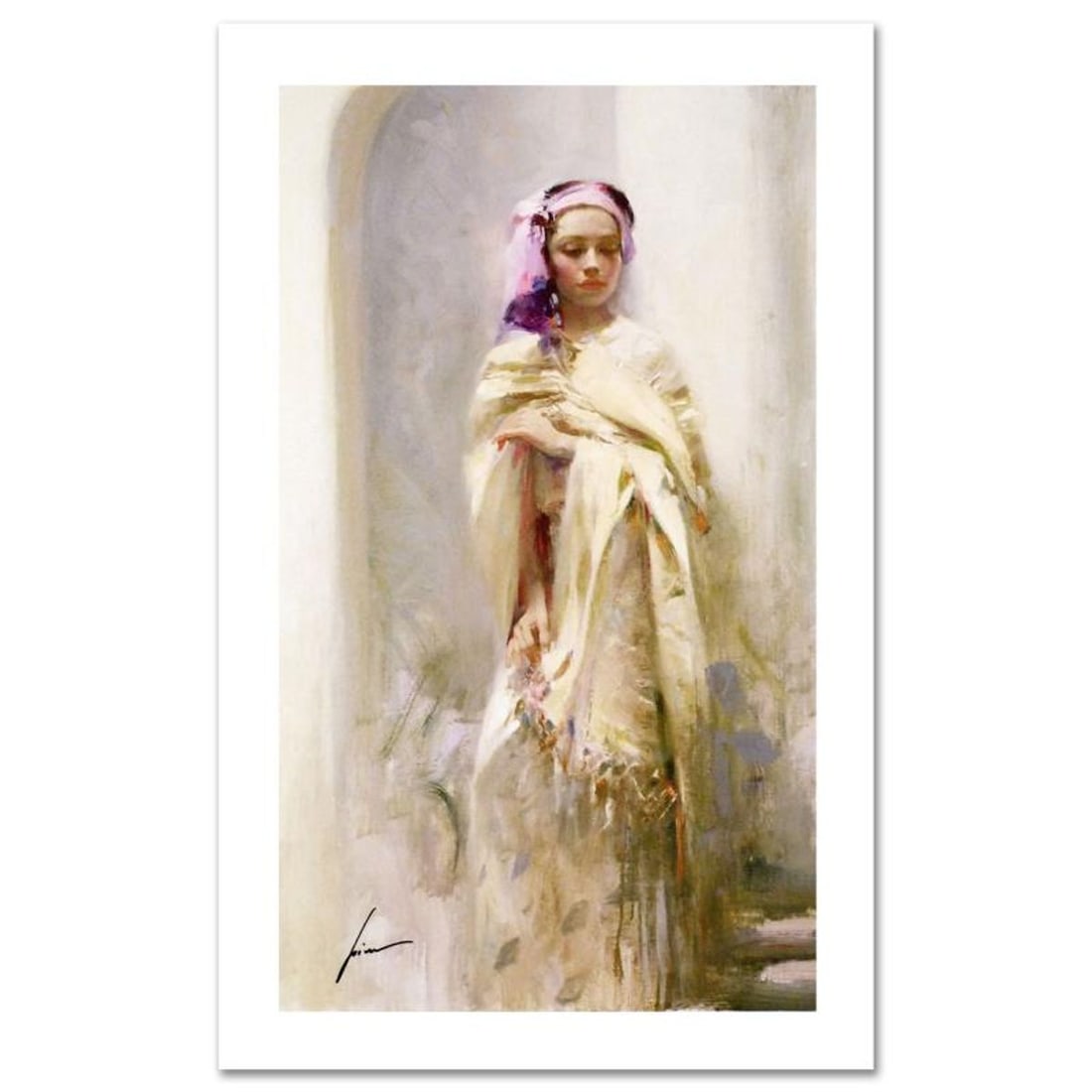Pino (1939-2010), "The Silk Shawl" Limited Edition on Canvas, Numbered and Hand Signed with: The Silk Shawl is a limited edition giclee on canvas by Pino (1939-2010), numbered and hand signed by the artist. Includes Certificate of Authenticity. Measures approx. 12" x 20" (image). Reference#: 