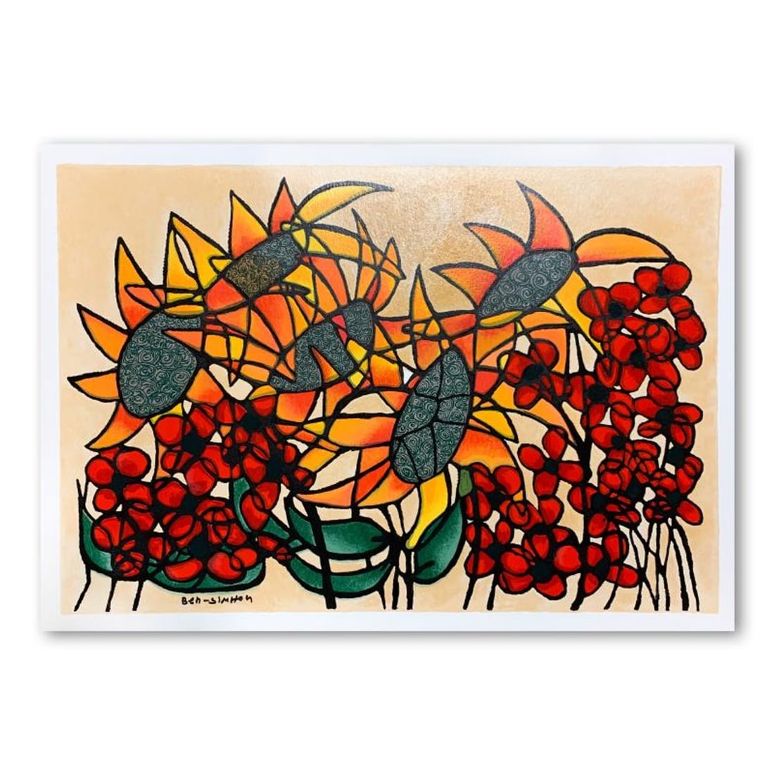 Ben Simhon, "Sunflowers" Hand Signed Limited Edition Serigraph on Paper with Letter of Authenticity. (1 of 2)