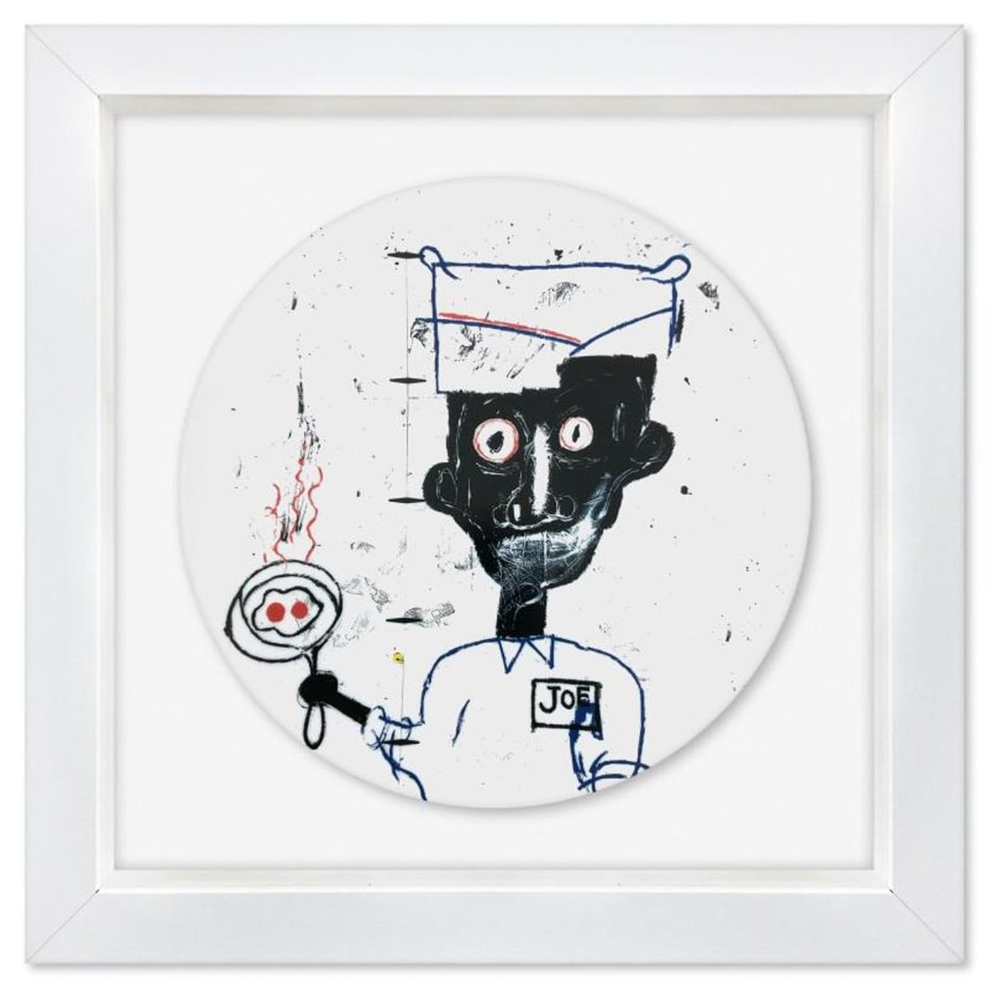 Jean-Michel Basquiat (1960-1988), "Eyes and Eggs 1983" Framed Limoges Porcelain Plate.: Eyes and Eggs 1983 is a Limoges porcelain plate bearing the plate signature inverso of Jean-Michel Basquiat (1960-1988). This plate is custom framed and floated on linen. Measures approx. 16" x 16" (f