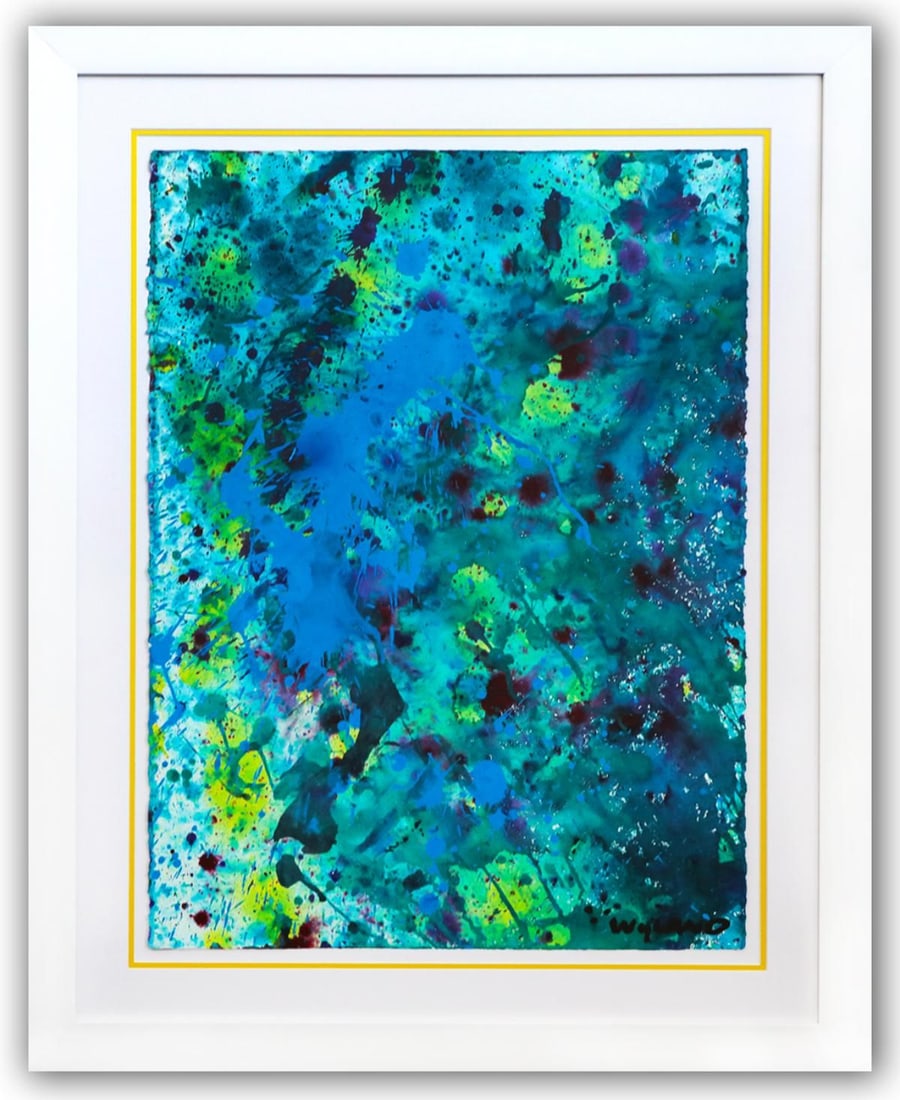 Wyland- Original Watercolor Painting on Deckle Edge Paper "Abstract Drip": Artist: Wyland. Medium: Original Watercolor Painting on Deckle Edge Paper. Title: Abstract Drip. Size: 30" x 22". Measures approx. 40" x 32" (framed). Signature: Hand Signed by the artist. Certificate