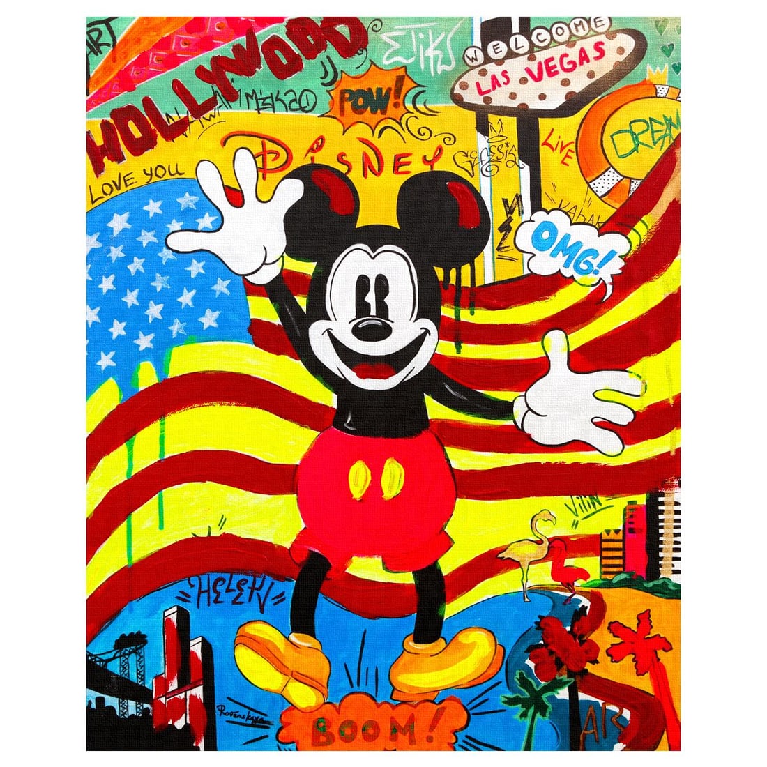 Nastya Rovenskaya- Mixed Media on Canvas "Back in the U.S.A": Artist: Nastya Rovenskaya. Medium: Mixed Media on Canvas. Title: Back in the U.S.A. Size: 20" x 16". Signature: Hand signed. Certificate of Authenticity: Is included. Reference#: 26313.