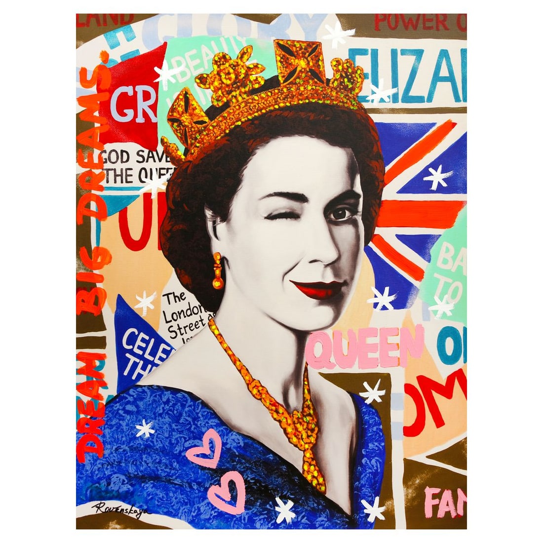 Nastya Rovenskaya- Mixed Media on Canvas "Queen Elizabeth": Artist: Nastya Rovenskaya. Medium: Mixed Media on Canvas. Title: Queen Elizabeth. Size: 40" x 30". Signature: Hand signed. Certificate of Authenticity: Is included. Reference#: 49438.