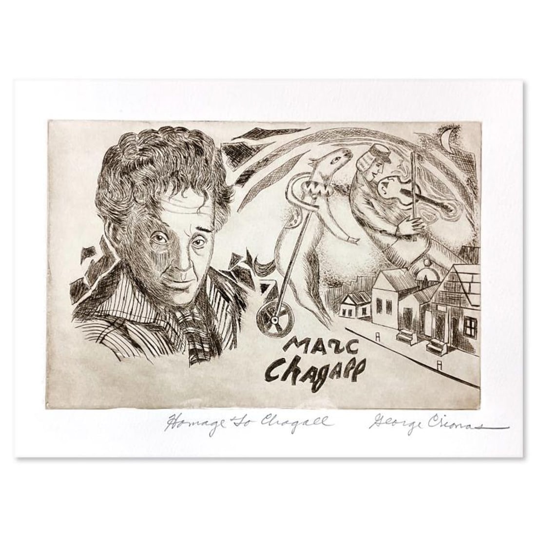 George Crionas (1925-2004), "Homage to Chagall" Limited Edition Etching, Numbered and Hand Signed: Homage to Chagall is a limited edition etching on paper by George Crionas (1925-2004), numbered and hand signed by the artist. Includes Letter of Authenticity. Measures approx. 14" x 11" (border); 9" 