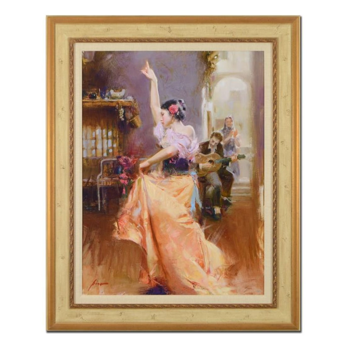 Pino (1939-2010), "Isabella" Framed Limited Edition Hand Embellished Giclee on Canvas. Numbered and: Pino's portraits allow glimpses into intensely personal, intimate spaces, conveying emotion through rich, warm color and sensual brushwork. "Isabella" is a hand embellished limited edition giclee on c