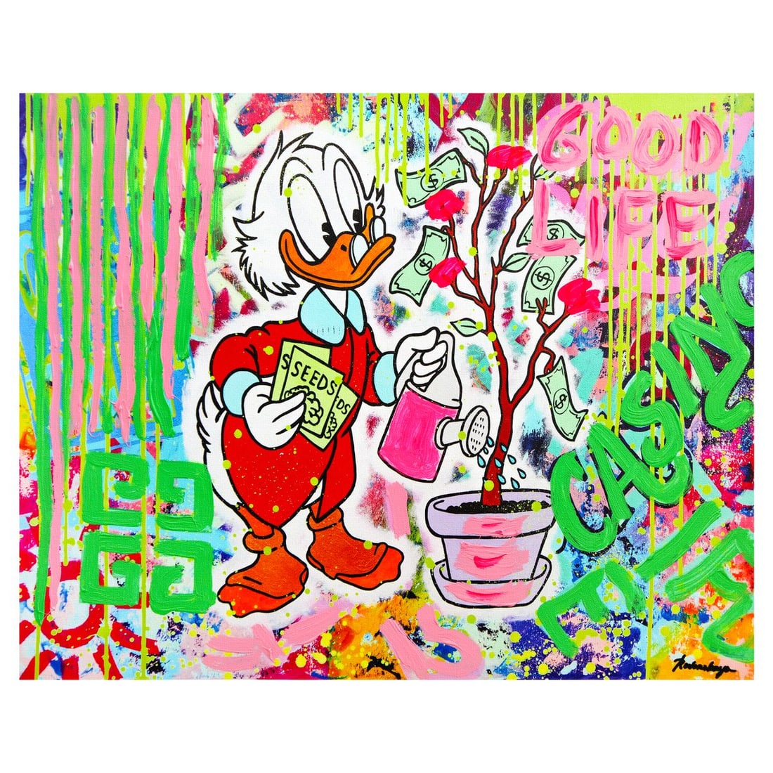 Nastya Rovenskaya- Mixed Media on Canvas "Duck Tales of Love & Loo": Artist: Nastya Rovenskaya. Medium: Mixed Media on Canvas. Title: Duck Tales of Love & Loo. Size: 16" x 20". Signature: Hand signed. Certificate of Authenticity: Is included. Reference#: 49416.