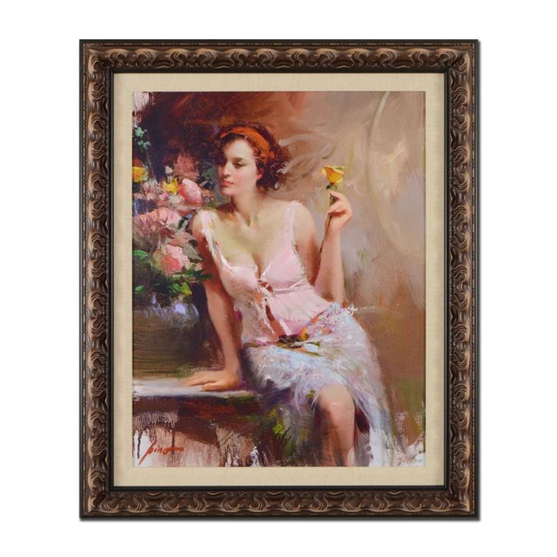 Pino (1939-2010), "Sweet Scent" Framed Limited Edition Hand Embellished Giclee on Canvas. Numbered: Pino's portraits allow glimpses into intensely personal, intimate spaces, conveying emotion through rich, warm color and sensual brushwork. "Sweet Scent" is a hand embellished limited edition giclee o