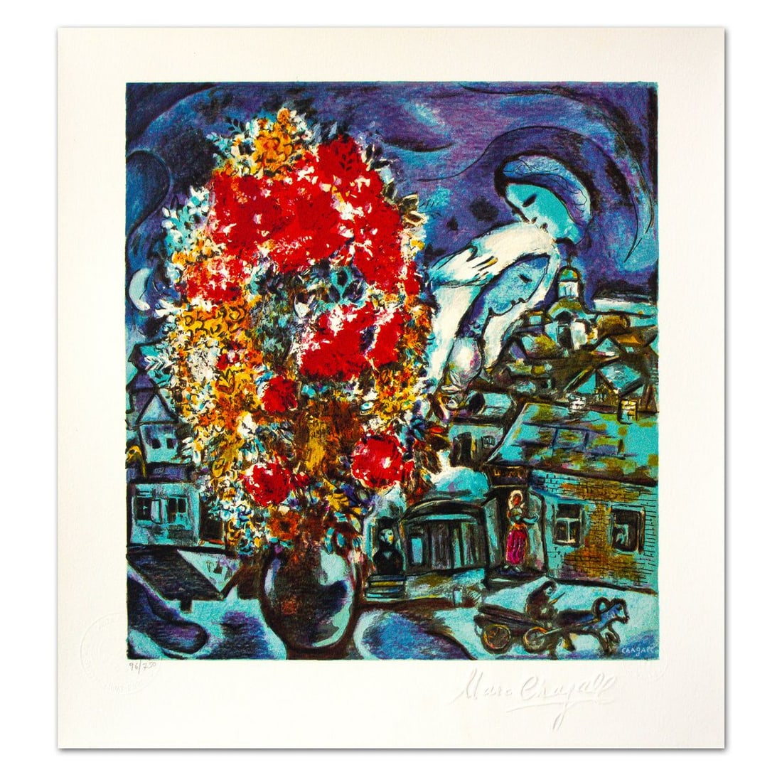 Marc Chagall- Serigraph "Le Boutique Et Le Village Bleu": Artist: Marc Chagall. Medium: Serigraph. Title: Le Boutique Et Le Village Bleu. Size: 15.5" x 14". Signature: Stamp signed and numbered. Certificate of Authenticity: Is included. Additional: Printed b