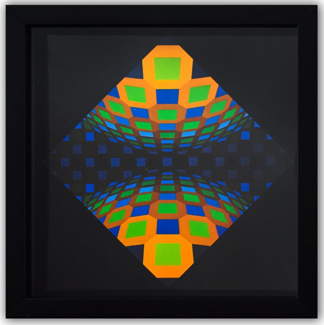 Victor Vasarely- Heliogravure Print "Ondocto - Re": Artist: Victor Vasarely. Medium: Heliogravure Print. Title: Ondocto - Re. Size: 10" x 10". Measures approx. 12" x 12" (framed). Additional: Custom Framed , 1975. Reference#: 21377.