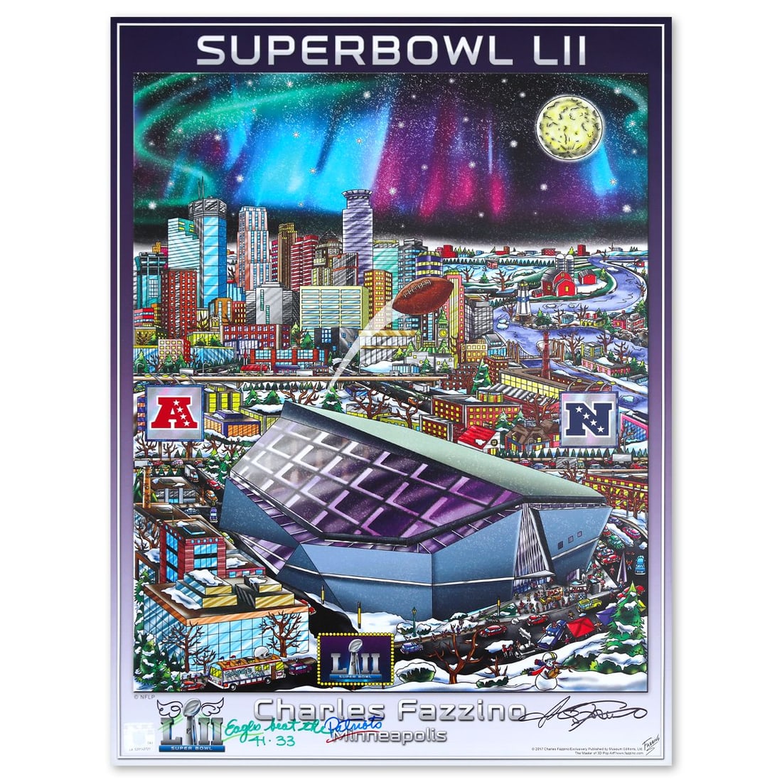 Charles Fazzino- Poster "Super Bowl LII": Artist: Charles Fazzino. Medium: Poster. Title: Super Bowl LII. Size: 24" x 18". Signature: Hand signed. Certificate of Authenticity: Is included. Reference#: 10054.