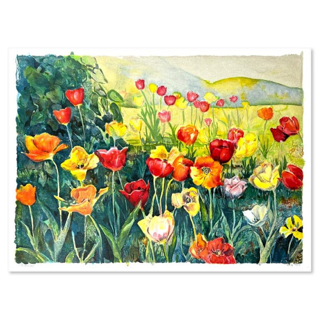 Perla Fox, "Tulips" Hand Signed Limited Edition Serigraph with Letter of Authenticity.: Tupils is a limited edition serigraphon paper by Perla Fox. The piece comes hand signed by the artist, numbered, and with a letter of authenticity. Measures approximately 18" x 24.5". Reference#: 9053