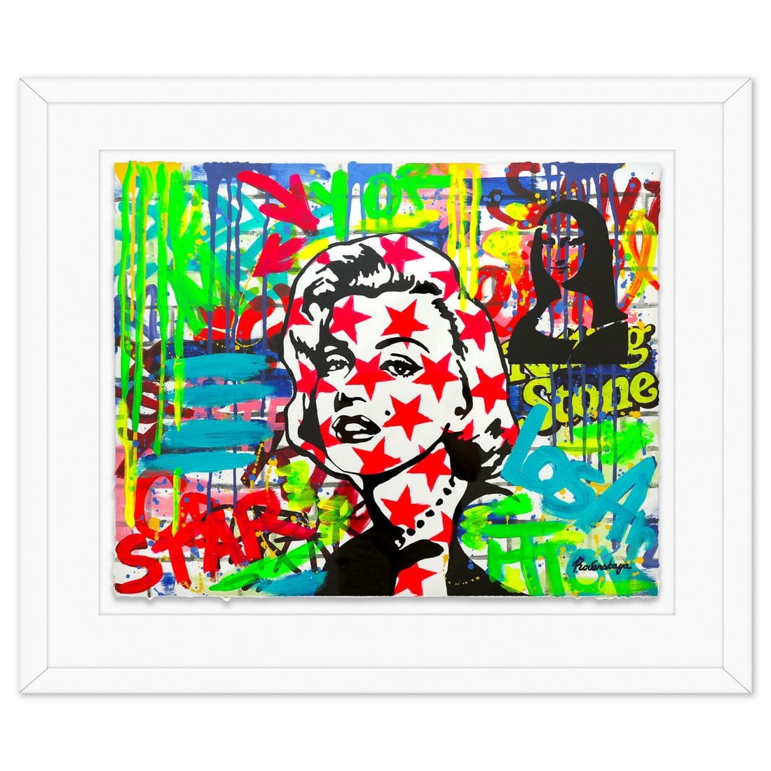 Nastya Rovenskaya- Original Mixed Media on Deckle Edge Paper "Starface": Artist: Nastya Rovenskaya. Medium: Original Mixed Media on Deckle Edge Paper. Title: Starface. Size: 24" x 30". Measures approx. 35" x 41" (framed). Signature: Hand signed. Certificate of Authenticity