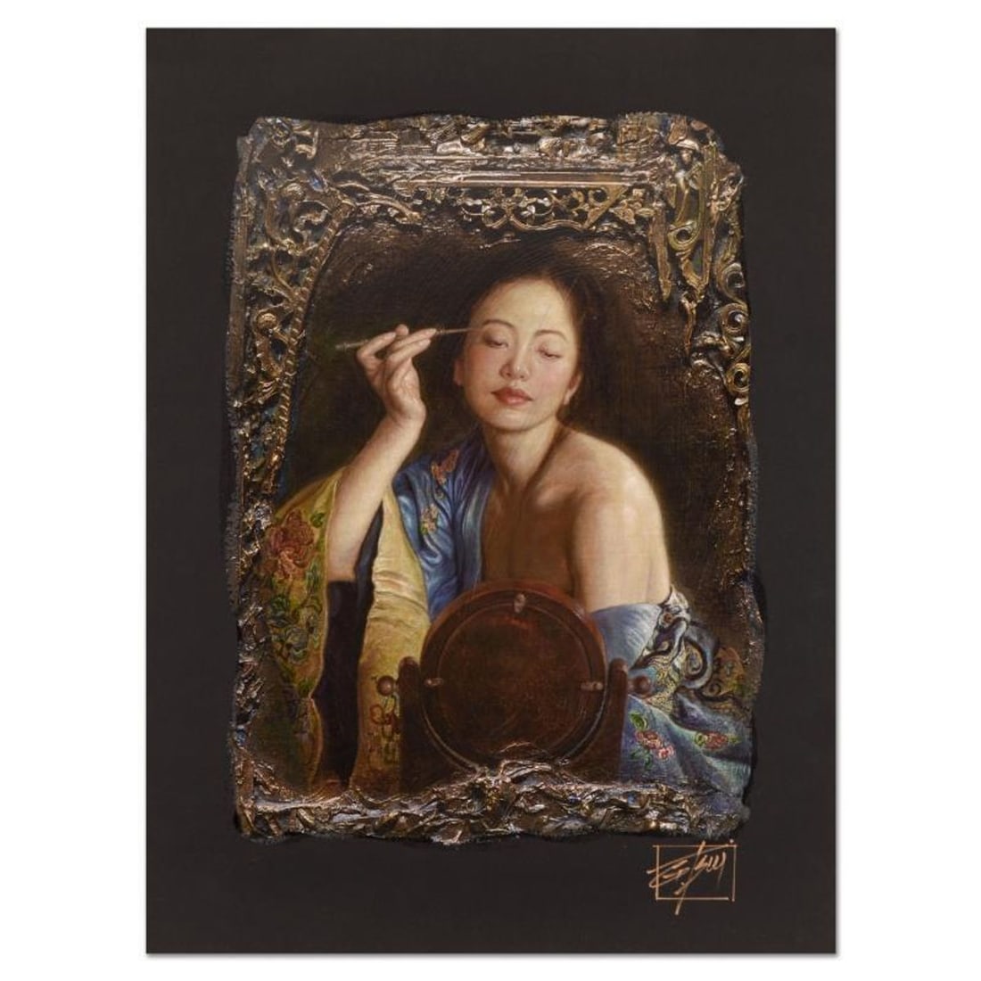 George Tsui, "Painting Eyebrow" Limited Edition Chiarograph, Numbered and Hand Signed with Letter of: Painting Eyebrow is a limited edition chiarograph on black paper by George Tsui, numbered and hand signed by the artist. Includes Letter of Authenticity. Measures approx. 18" x 24" (border); 13" x 20"
