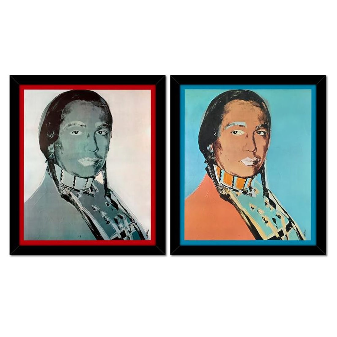 Andy Warhol (1928-1987), "The American Indian Series 2 Piece Set (Red 1976 & Blue 1977)" Framed: The American Indian Series (Red 1976 & Blue 1977) is a 2 piece set of vintage lithographs by Andy Warhol (1928-1987) cropped from the Ace Gallery posters. This set comes custom framed. Includes Letter