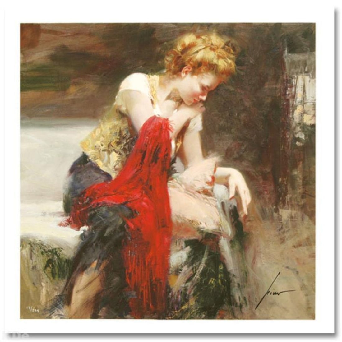 Pino (1939-2010) "Anticipation" Limited Edition Giclee. Numbered and Hand Signed; Certificate of: Anticipation is a limited edition giclee on paper by Pino (1939-2010). The piece comes numbered and is hand signed by the artist. Includes Certificate of Authenticity. Measures approximately 16 x 16" 