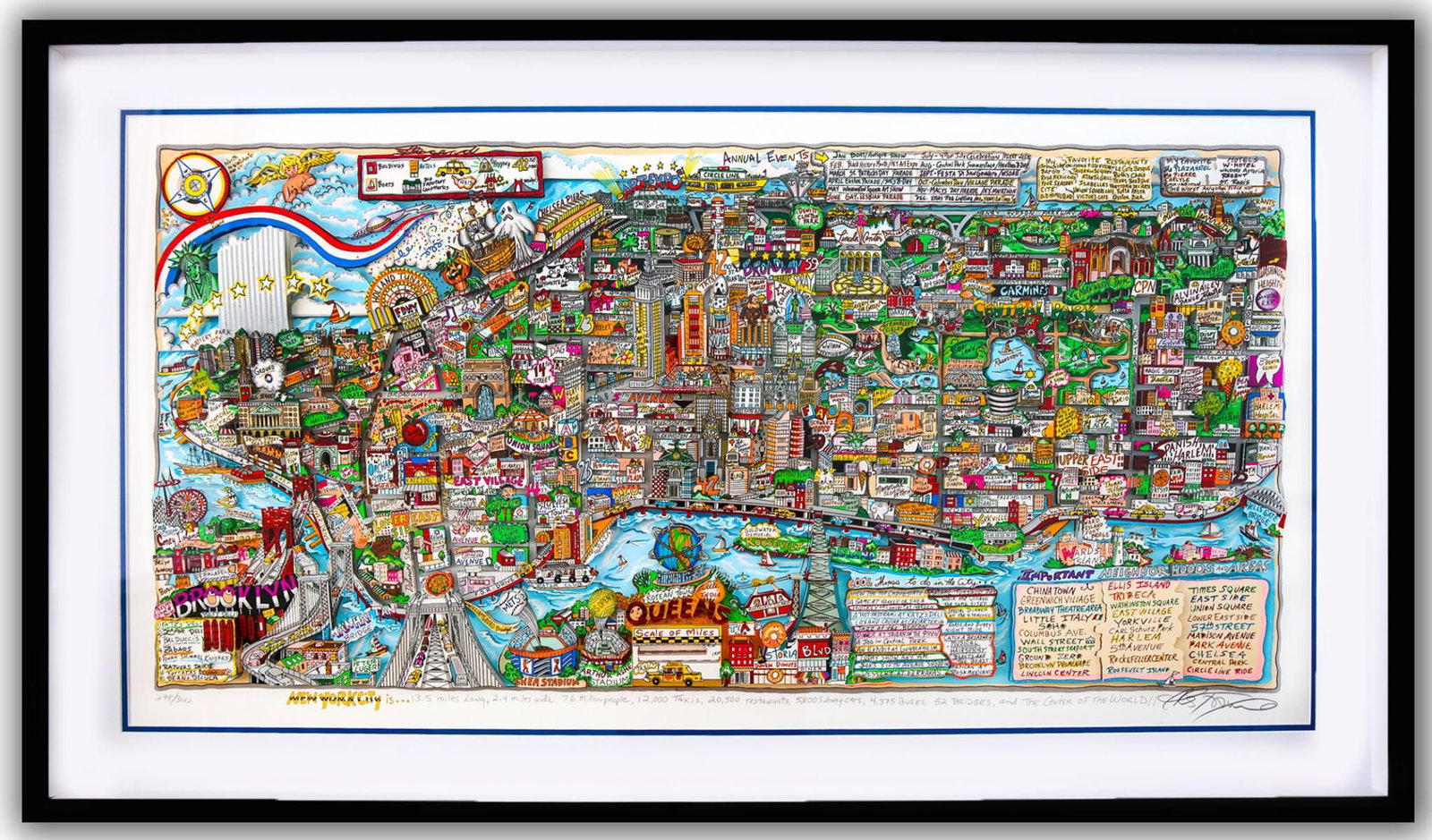 Charles Fazzino- 3D Construction Silkscreen Serigraph "NEW YORK IS, (Black)": Artist: Charles Fazzino. Medium: 3D Construction Silkscreen Serigraph. Title: NEW YORK IS, (Black). Size: 22" x 44". Measures approx. 30" x 51.5" (framed). Signature: Hand Signed and Numbered by the a