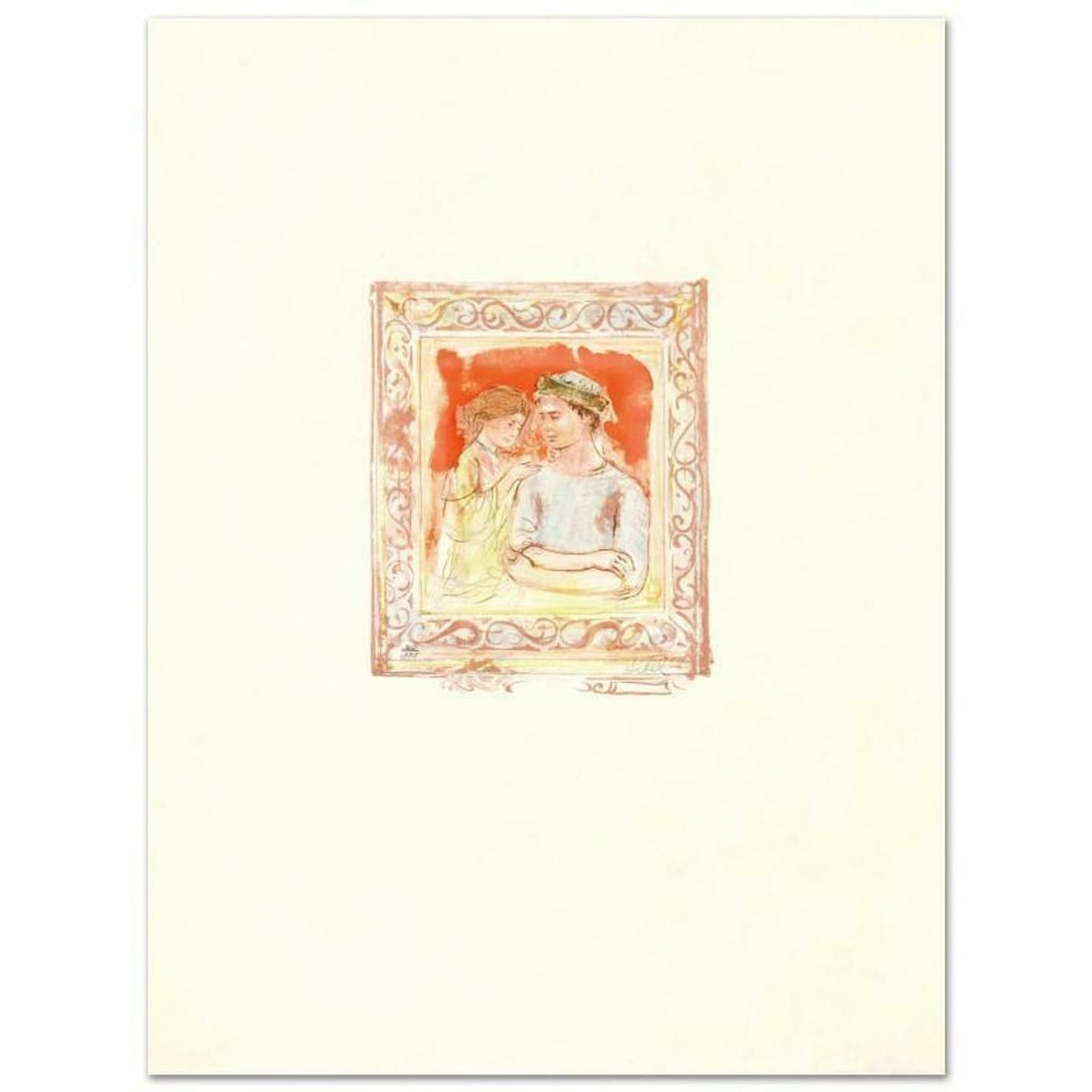 Romance Limited Edition Lithograph by Edna Hibel (1917-2014), Numbered and Hand Signed with: Romance is a limited edition lithograph on rice paper, numbered and hand signed by Edna Hibel (1917-2014). Includes Certificate of Authenticity! Measures approx. 20" x 26.5" (with border), 8.5" x 10" 