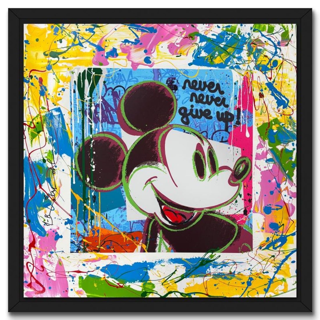 Mr. Brainwash, "Never Never Give Up" Framed Unique (UNIQ) Mixed Media, Hand Signed with Certificate: Never Never Give Up is a unique (UNIQ) mixed media on deckle edge paper by Mr. Brainwash, hand signed and bearing the thumbprint of the artist en verso. This piece comes custom framed. Includes Certif