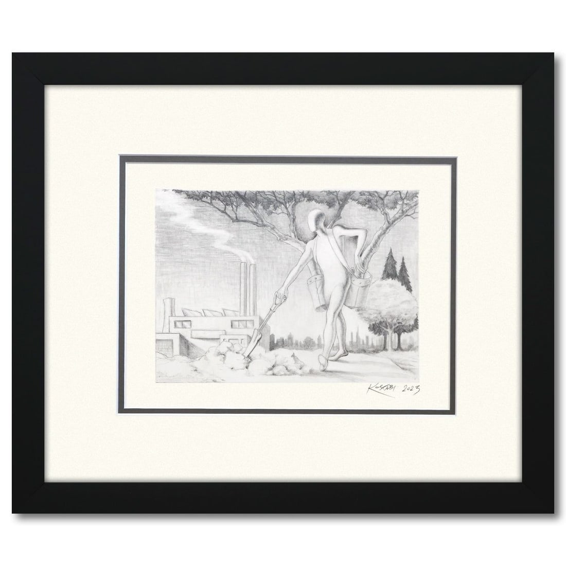 Mark Kostabi- Original Drawing on Paper "Human Nature's Resilience": Artist: Mark Kostabi. Medium: Original Drawing on Paper. Title: Human Nature's Resilience. Size: 7" x 10". Measures approx. 17" x 20" (framed). Signature: Hand signed by the artist. Certificate of Aut