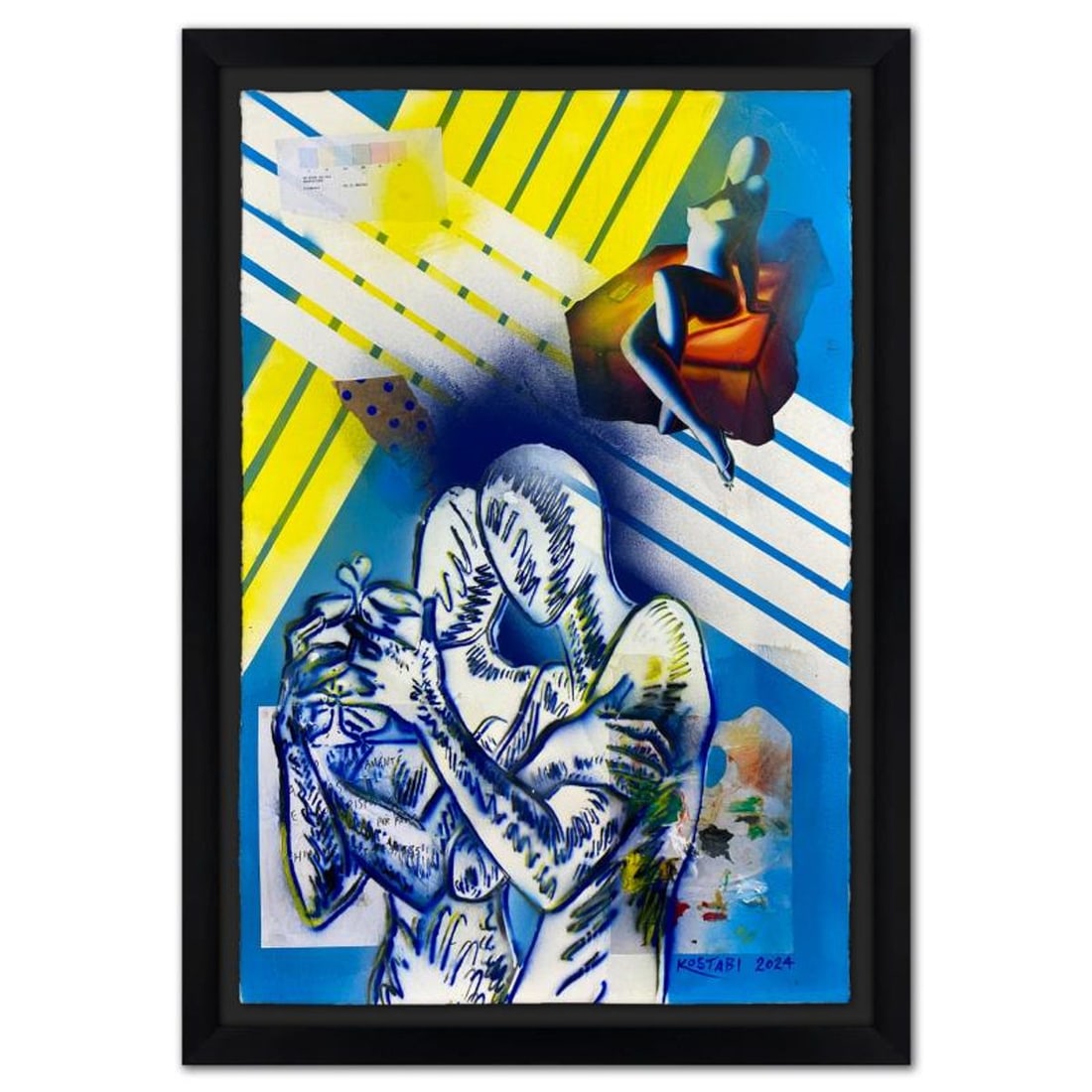 Mark Kostabi, "Remember When" Framed Original Mixed Media Painting, Hand Signed with Certificate of: Remember When is an original mixed media painting on paper by Mark Kostabi, hand signed by the artist. The piece comes framed. Includes Certificate of Authenticity. Measures approx. 50" x 36" (frame),