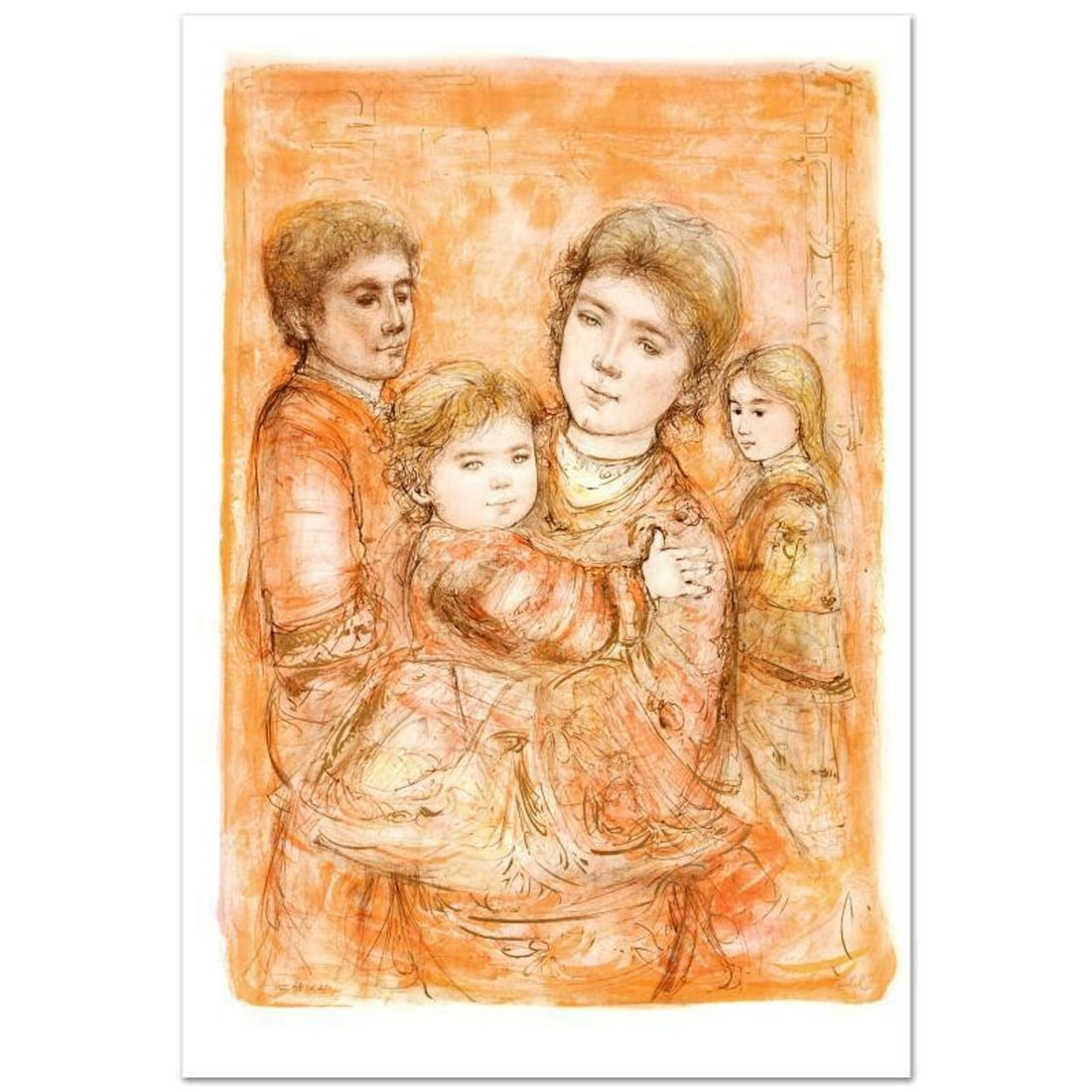 Portrait of a Family Limited Edition Lithograph (28" x 40.5") by Edna Hibel (1917-2014), Numbered: Portrait of a Family is a limited edition lithograph on paper, numbered and hand signed by Edna Hibel (1917-2014). Includes Certificate of Authenticity! Measures approx. 31.5" x 44" (with border), 28"