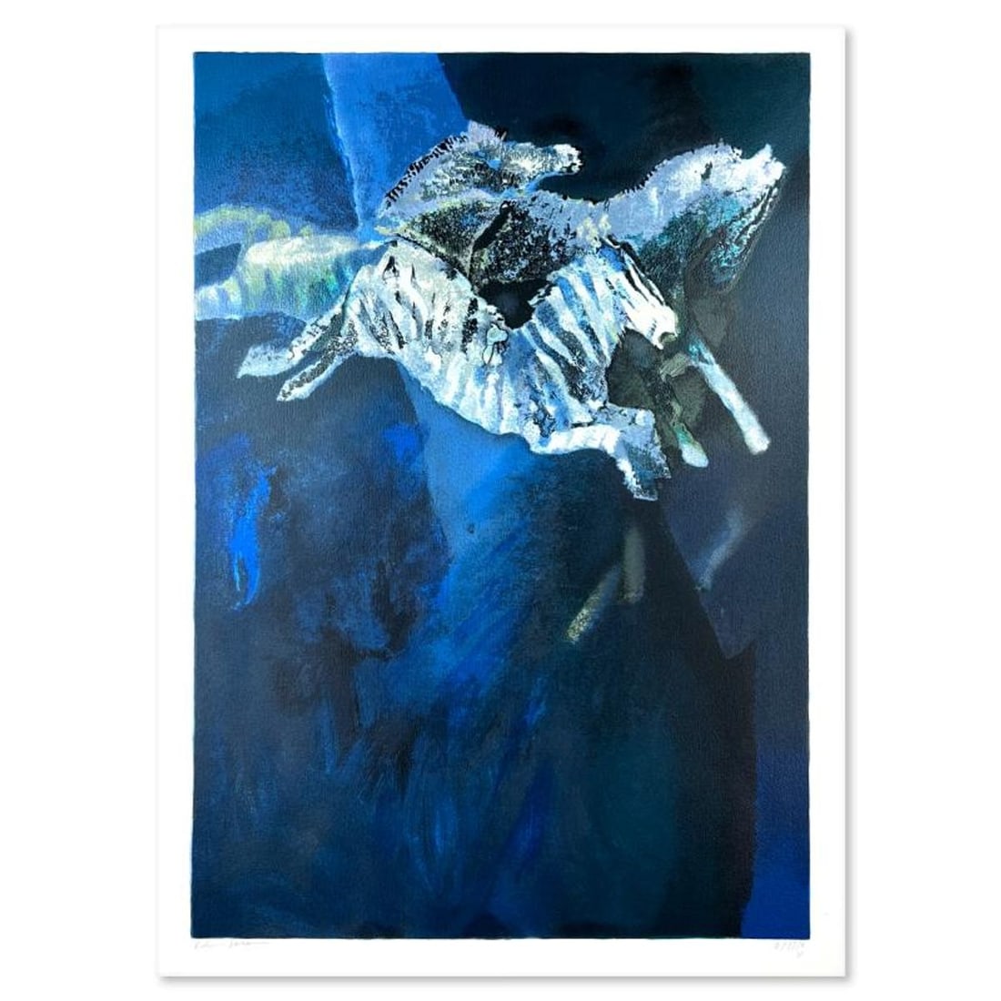 Edwin Salomon (1935-2014), "Zebras in Blue" Limited Edition Serigraph, Hand Signed and Numbered;: Zebras in Blue is a limited edition serigraph on paper by Edwin Salomon (1935-2014). The piece comes hand signed by the artist, numbered, and with a letter of authenticity. Measures approximately 19" 