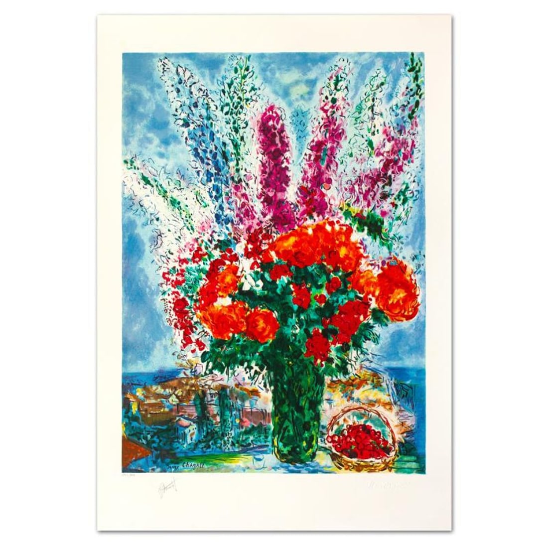 Marc Chagall (1887-1985), "Le Bouquet De Renoncules" Limited Edition Lithograph with Letter of: Le Bouquet De Renoncules is a limited edition lithograph on paper by Marc Chagall (1887-1985). Printed by Atelier Mourlot in Paris and authorized by the Chagall Estate and ADAGP Paris , the piece is p