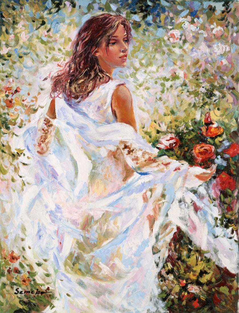 Igor Semeko- Original Giclee on Canvas "Lady in White Dress": Artist: Igor Semeko. Medium: Original Giclee on Canvas. Title: Lady in White Dress. Size: 40" x 30". Signature: Hand Signed by the Artist. Certificate of Authenticity: From the publisher. Reference#: 