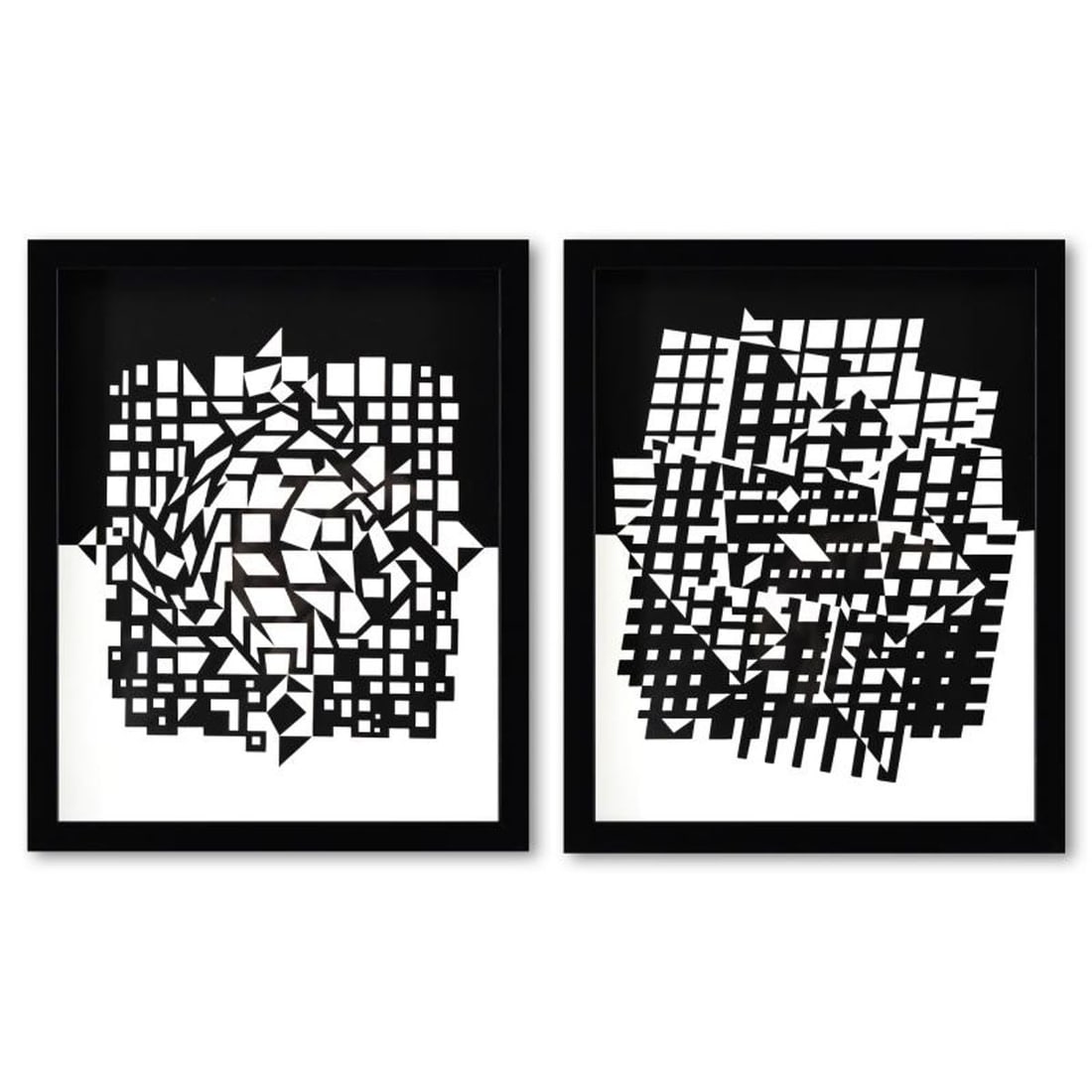 Victor Vasarely (1908-1997), "Citra et Ixion-II de la serie Croises (Diptych)" Framed 1973: Citra et Ixion-II de la serie Croises (Diptych) is a set of heliogravure prints on paper, published in 1973, by Victor Vasarely (1908-1997). These pieces come custom framed, with a letter of authentic