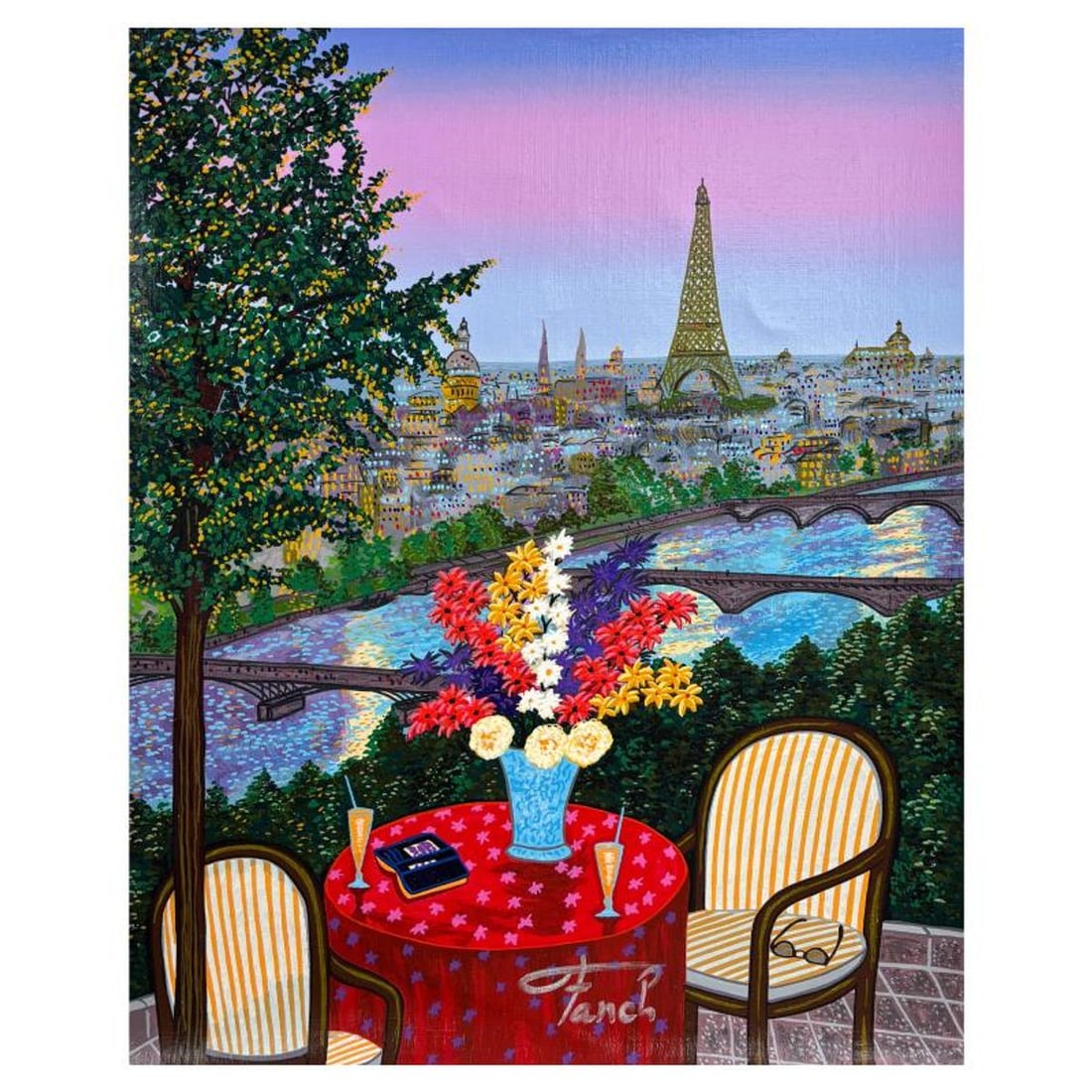 Fanch Ledan, "Apertif by the Seine" Limited Edition Serigraph on Canvas, AP Numbered and Hand Signed: Apertif by the Seine is a limited edition serigraph on canvas by Fanch Ledan, AP numbered and hand signed by the artist. Includes Certificate of Authenticity. Measures approx. 17.5" x 14" (image).