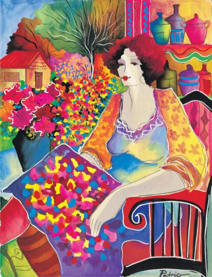 Patricia Govezensky- Original Giclee on Canvas "Lady With Flower View": Artist: Patricia Govezensky. Medium: Original Giclee on Canvas. Title: Lady With Flower View. Size: 10" x 8". Signature: Hand Signed by the Artist. Certificate of Authenticity: From the publisher. Ref