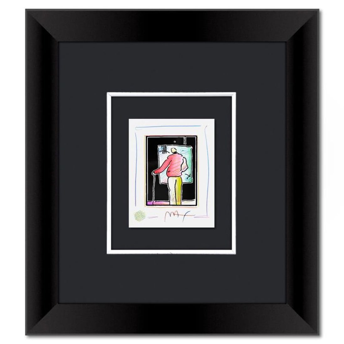 Peter Max, "Man at Easel" Framed One-of-a-Kind Mixed Media, Hand Signed with Registration Number: Man at Easel is a one-of-a-kind mixed media on paper, hand signed by Peter Max. The piece comes custom framed with a backside cutout to display Peter Max Studio registration number 340010 certifying a