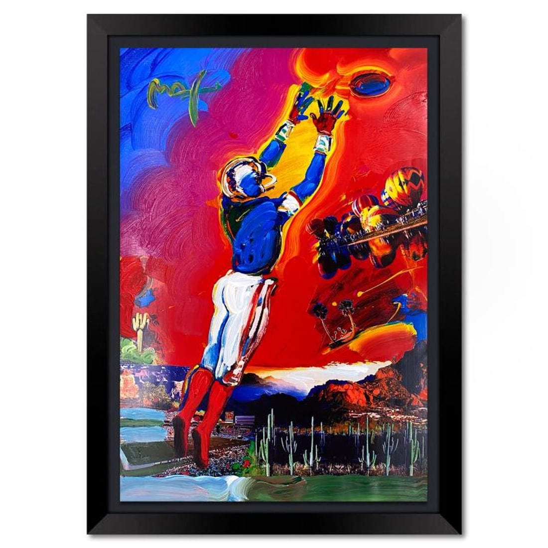 Peter Max, "Superbowl XXX" Framed One-of-a-Kind Mixed Media, Hand Signed with Registration Number: Superbowl XXX is a one-of-a-kind mixed media on paper, hand signed by Peter Max. The piece comes custom framed with a backside cutout to display Peter Max Studio registration number 306258 certifying 
