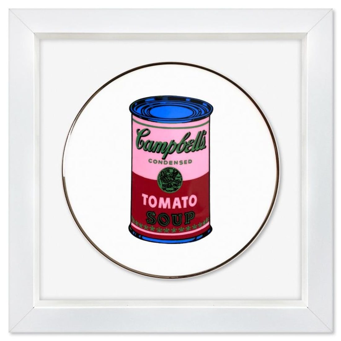 Andy Warhol (1928-1987), "Campbell (Red/Pink)" Framed Limoges Porcelain Plate.: Campbell (Red/Pink) is a Limoges porcelain plate bearing the plate signature inverso of Andy Warhol (1928-1987). This plate is custom framed and floated on linen. Measures approx. 13.5" x 13.5" (frame