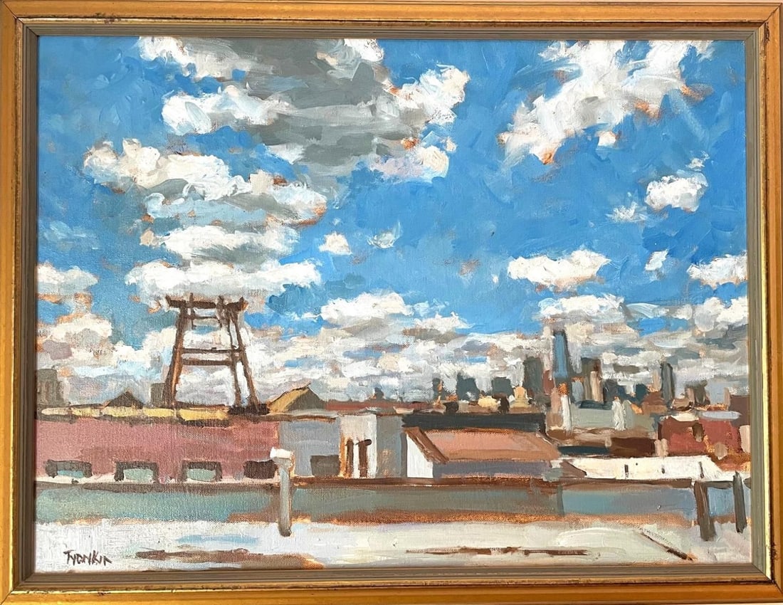 Boris Tyomkin- Oil on canvas "Brooklyn Rooftop": Artist: Boris Tyomkin. Medium: Oil on canvas. Title: Brooklyn Rooftop. Size: 18" x 24". Signature: Hand Signed. Reference#: 36402.