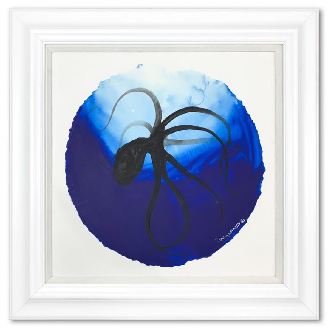 Wyland- Original Watercolor Painting on Deckle Edge Paper "Octopus in Blue": Artist: Wyland. Medium: Original Watercolor Painting on Deckle Edge Paper. Title: Octopus in Blue. Size: 19.5" x 19.5". Measures approx. 27.5" x 27.5" (framed). Signature: Hand signed. Certificate of 