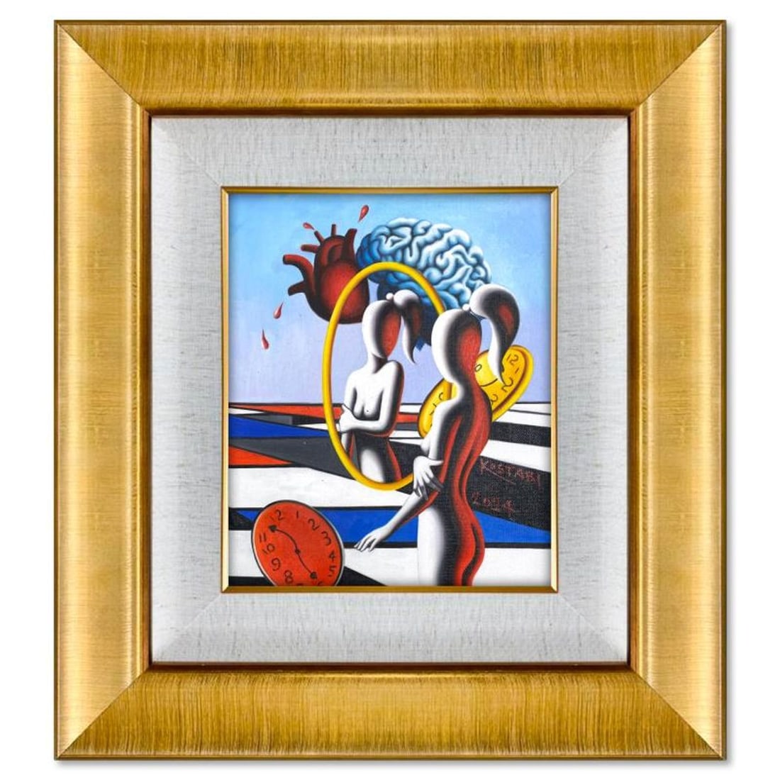Mark Kostabi, "Time Has Its Ways" Framed Original Oil Painting on Canvas, Hand Signed with a: Time Has Its Waysis an original oil painting on canvas by Mark Kostabi, hand signed by the artist. This piece comes custom framed. Includes Certificate of Authenticity. Measures approx. 22.5" x 20.5" 