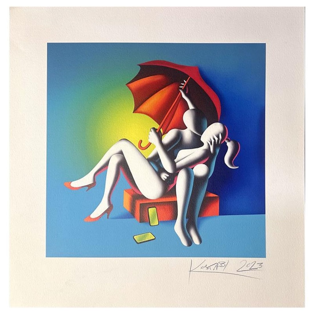 Mark Kostabi, "Liberi Dal Mondo Virtuale" hand signed limited edition serigraph with Certificate of: Liberi Dal Mondo Virtuale is a numbered limited edition serigraph on paper by Mark kostabi. Hand signed by the artist the piece comes with a certificate of authenticity. Measures approximately 20" x 1