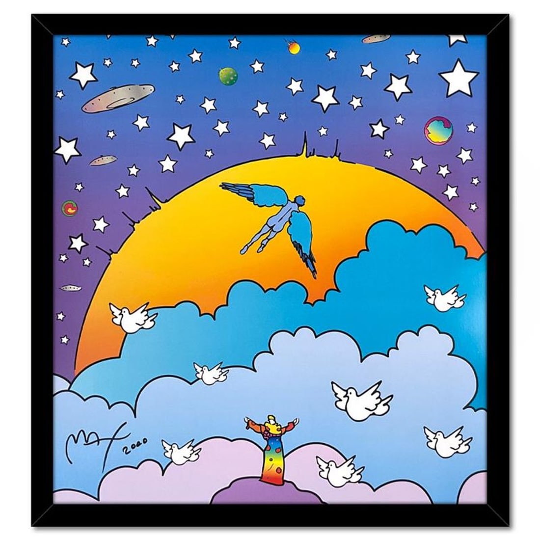 Peter Max, "Beginning of a New Age" Framed Hand Signed Offset Lithograph with Letter of: Beginning of a New Age is an offset lithograph on paper by Peter Max, hand signed by the artist. This piece comes custom framed. Includes Letter of Authenticity. Measures approx. 28" x 22" (frame), 19