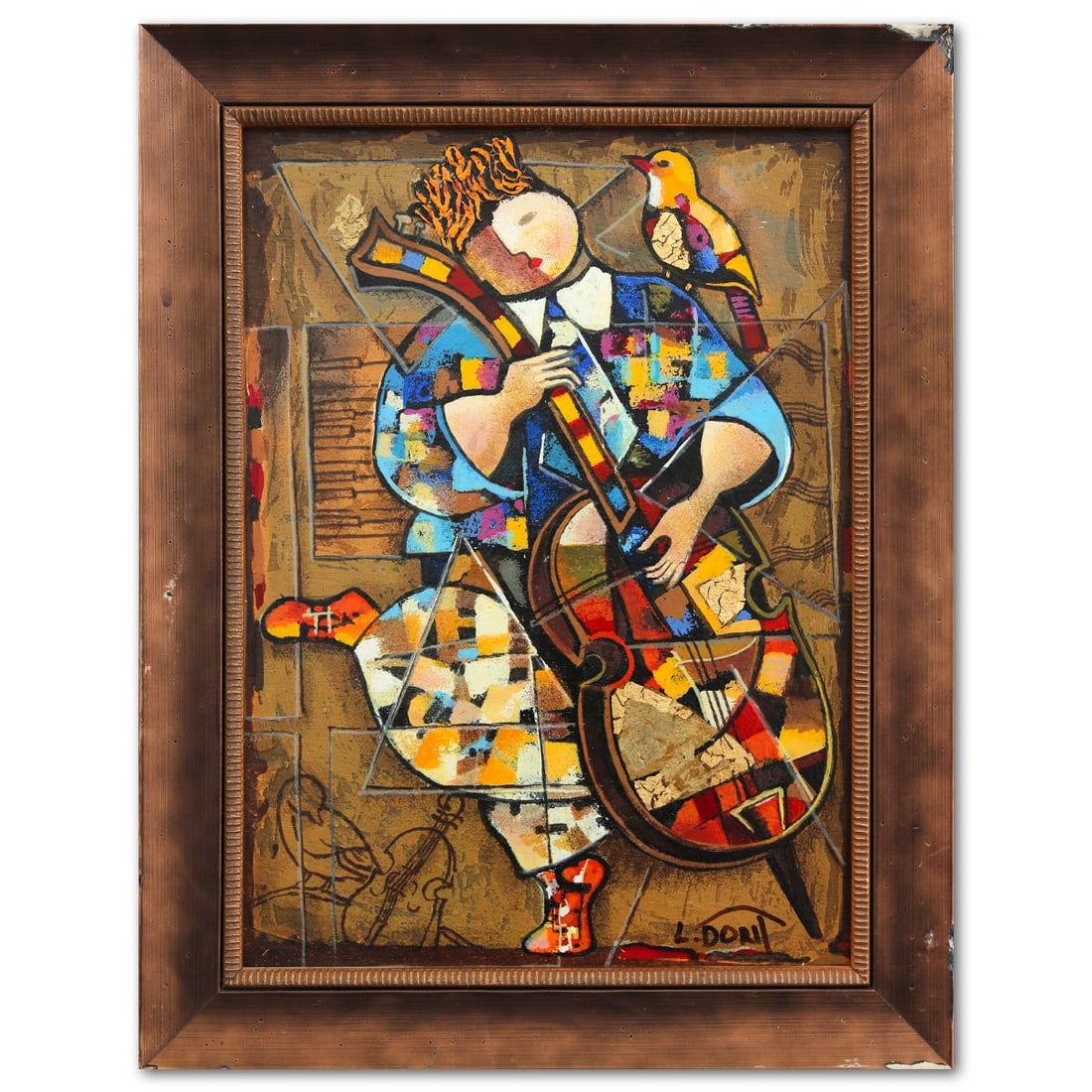 Dorit Levy- Hand Emelished Serigraph on Wood "The Cellist": Artist: Dorit Levy. Medium: Hand Emelished Serigraph on Wood. Title: The Cellist. Size: 12" x 9". Measures approx. 16" x 12" (framed). Signature: Hand Signed and Numbered. Additional: Visible damages