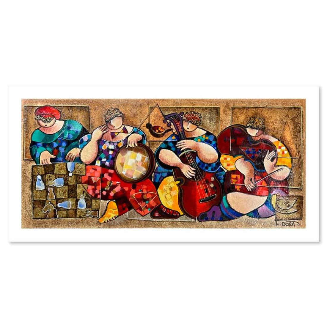 Dorit Levi, "Chess Players" Limited Edition Serigraph, Hand Signed and Numbered with Letter of: Chess Players is a limited edition serigraph on paper by Dorit Levi. The piece comes hand signed by the artist, numbered, and with a letter of authenticity. Measures approximately 11" x 24". Reference